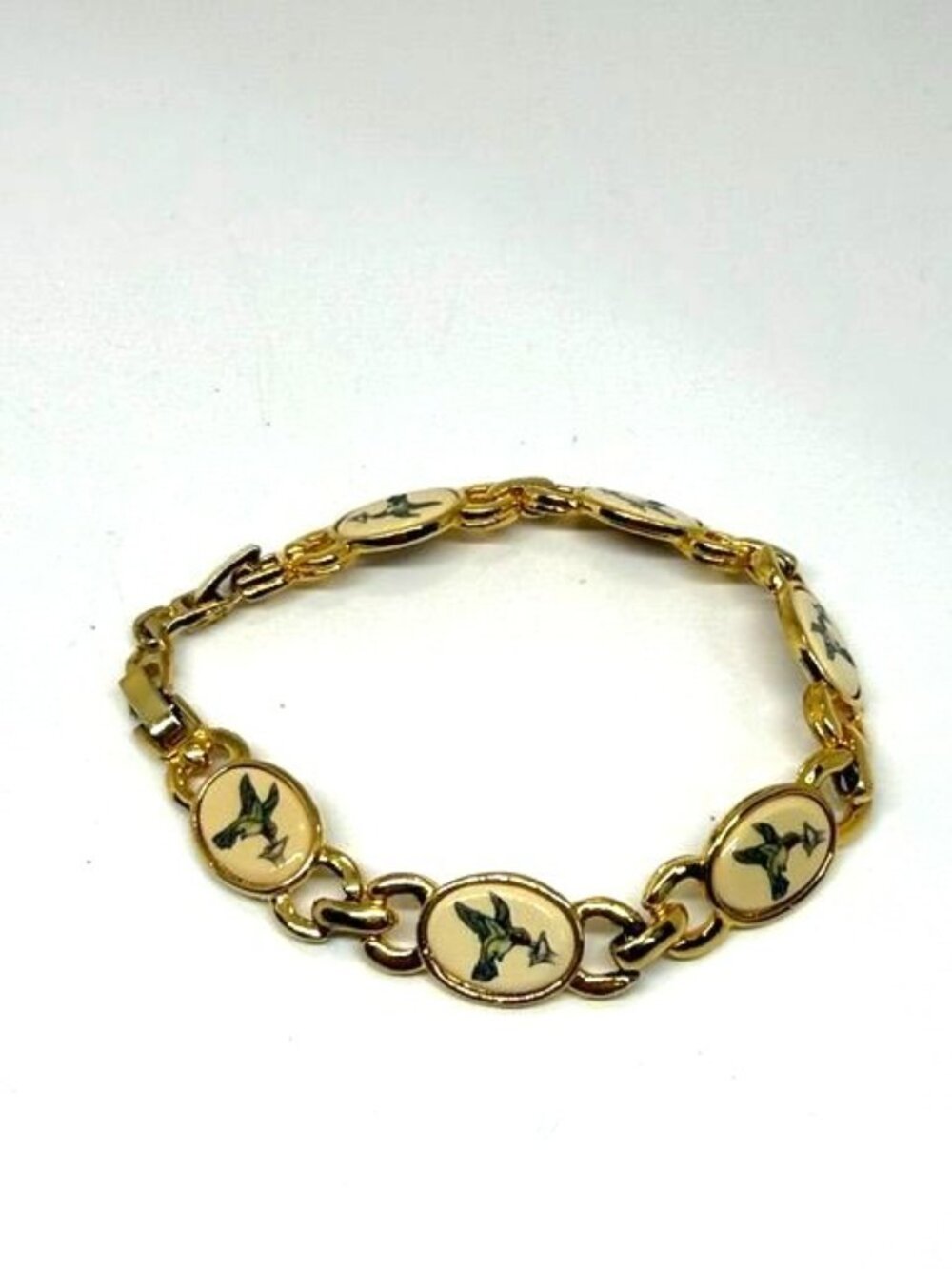 Vintage Barlow Gold Tone Hummingbird & Floral Linked Bracelet w/ Matching Brooch - Picture 7 of 9